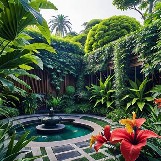 rooftop garden, perennial flowers, tropical rainforest, urban oasis, tropical plants